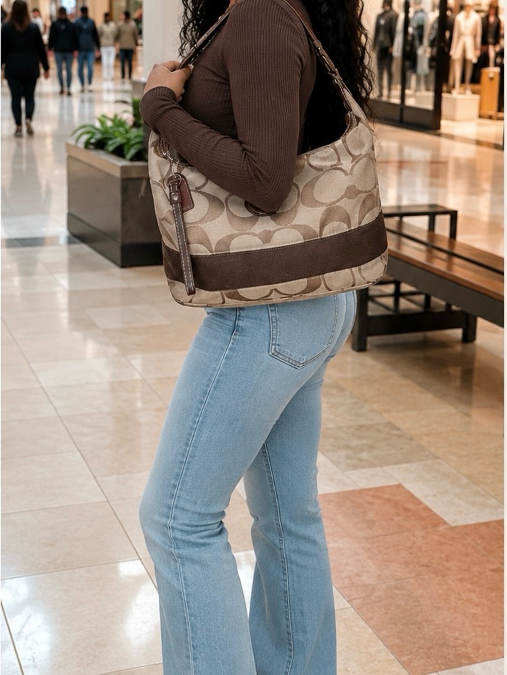 Coach Beige and Brown Logo Hobo Shoulder Bag
